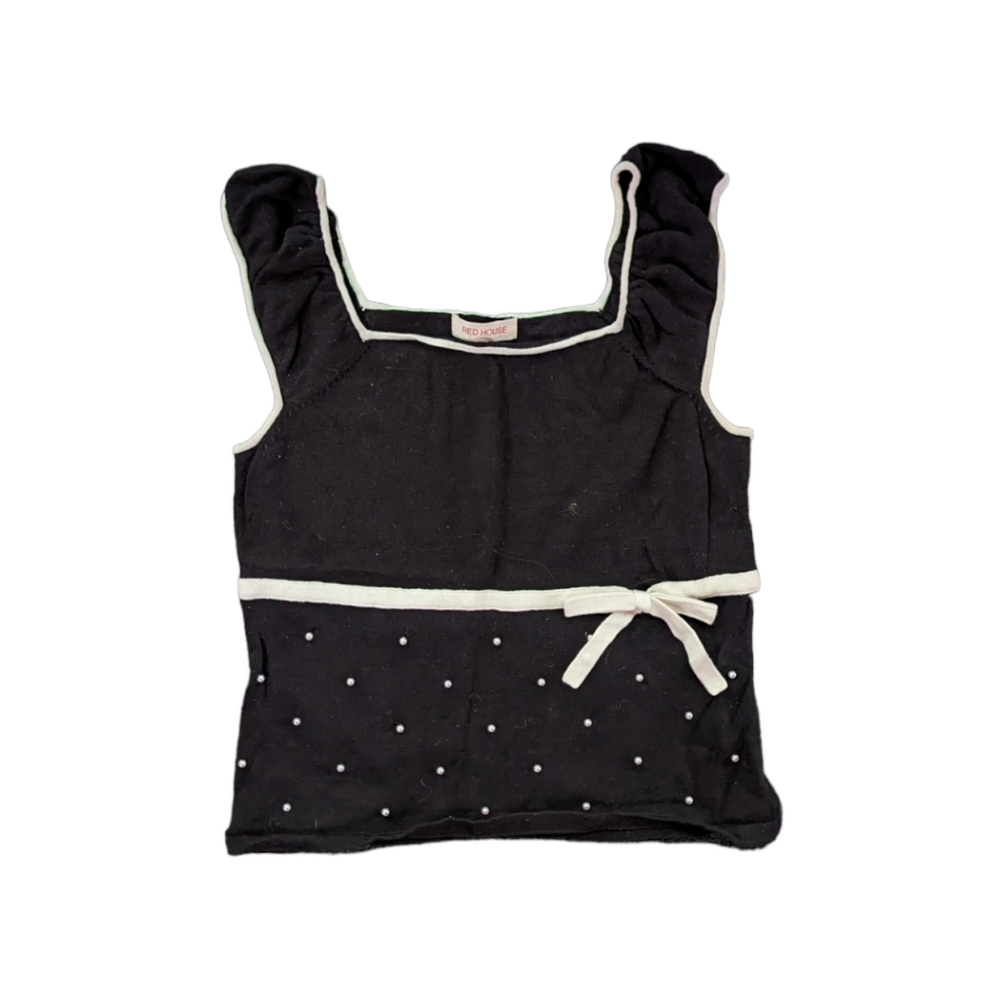 Black and White Vintage 90s Ruffled Sleeve Tank Top Crop Top with Bow and Pearls